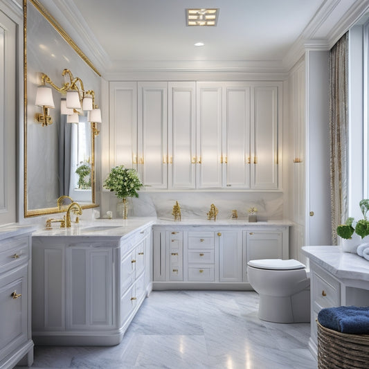 A luxurious bathroom with a custom organizer featuring soft-close drawers, a recessed medicine cabinet, and a freestanding tub surrounded by white marble, under warm LED lighting.