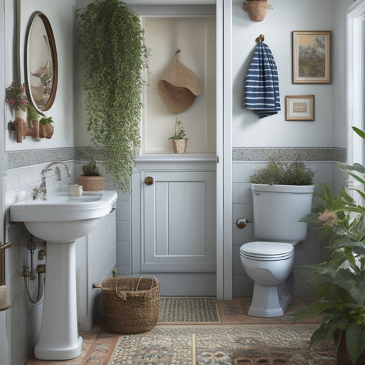 A tidy bathroom with a wall-mounted cabinet above the toilet, adorned with ornate metal fixtures, and a wicker basket on the floor, surrounded by soft, creamy tiles and a few potted plants.