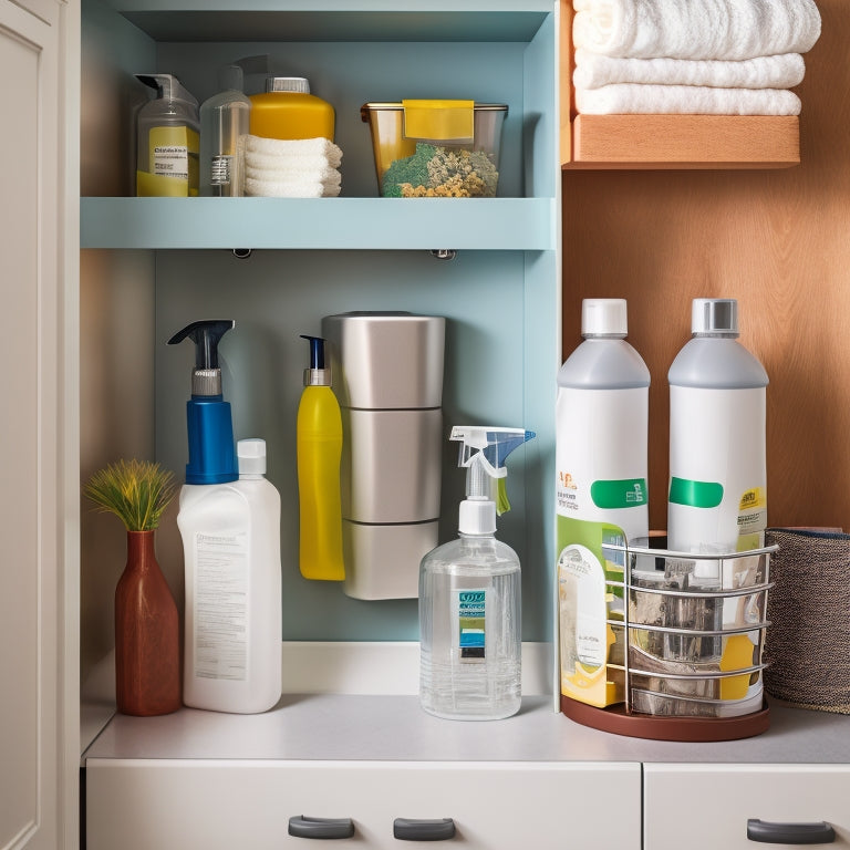 A sleek under-sink organizer showcasing neatly stacked cleaning supplies, vibrant spray bottles, and cloths, with a pull-out drawer for sponges, surrounded by soft, ambient lighting highlighting the tidy, efficient layout.