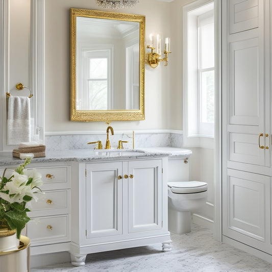 A beautifully styled bathroom with a large, floor-to-ceiling cabinet in a soft, creamy white finish, adorned with elegant gold hardware, set against a serene, light-gray marble wall.