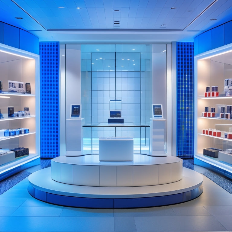 A futuristic, sleek, and modern ceramic tile store with rows of gleaming displays, interactive touchscreens, and a holographic tile design projection hovering above a central pedestal.