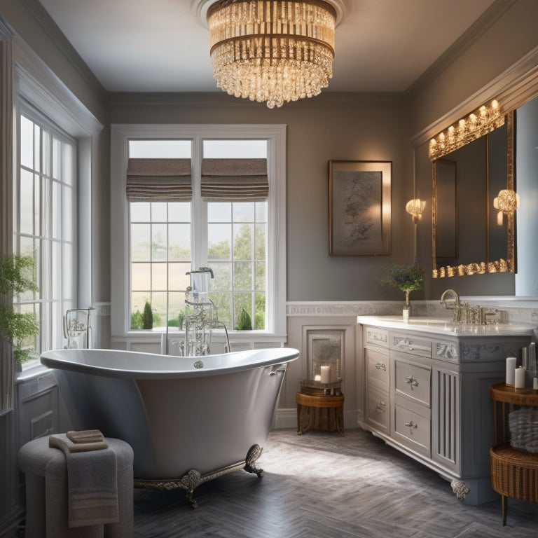 A serene bathroom scene featuring a freestanding tub beneath a large skylight, surrounded by warm LED floor lamps, a crystal chandelier, and subtle LED strip lighting under the vanity.