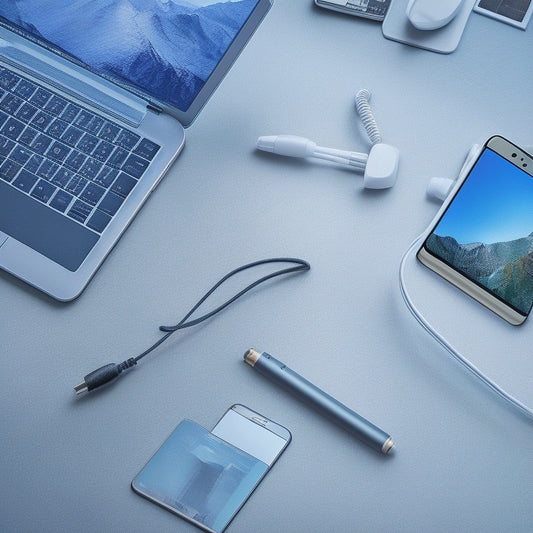 A minimalist illustration of a Photo Stick device plugged into an iPhone, with a blurred background of a messy desk with scattered photos, cables, and a laptop.