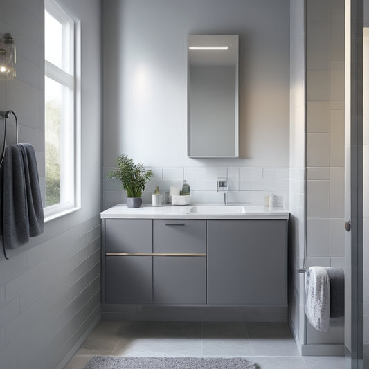 A sleek, modern bathroom with a wall-mounted, rectangular vanity unit in matte grey, featuring a compact sink, minimalist faucet, and a mirrored cabinet above, surrounded by creamy white tiles and subtle LED lighting.