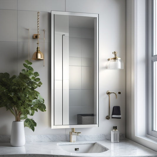 A sleek, wall-mounted medicine cabinet with a mirrored door, above a compact, vessel sink in a small, modern bathroom with a grey and white marble backsplash.
