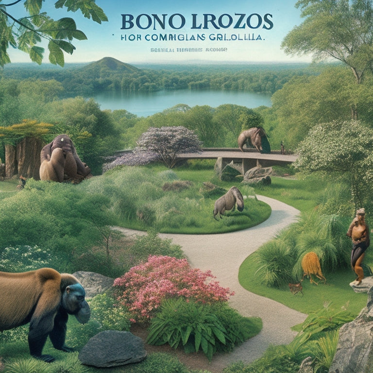 A colorful illustration of the Bronx Zoo's sprawling grounds, featuring the Congo Gorilla Forest, Himalayan Highlands, and World of Reptiles, with winding pathways, lush greenery, and iconic zoo animals.