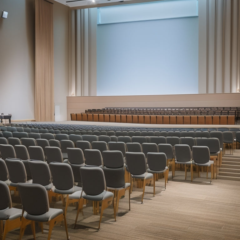 A serene, well-lit concert hall with spaced-out chairs, hand sanitizer stations, and a subtle hint of facial masks on attendees, evoking a sense of safety and comfort.