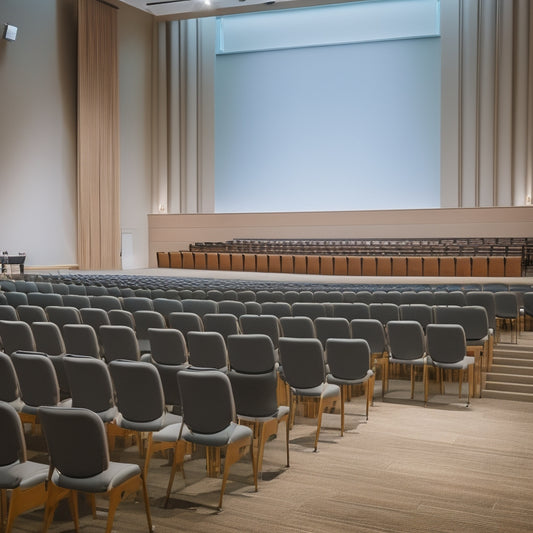 A serene, well-lit concert hall with spaced-out chairs, hand sanitizer stations, and a subtle hint of facial masks on attendees, evoking a sense of safety and comfort.