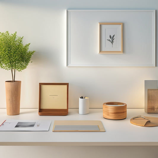 A minimalist, modern workspace with a sleek wooden desk, a few neatly labeled folders, and a single, elegant pen holder, surrounded by calming white walls and a subtle natural light glow.