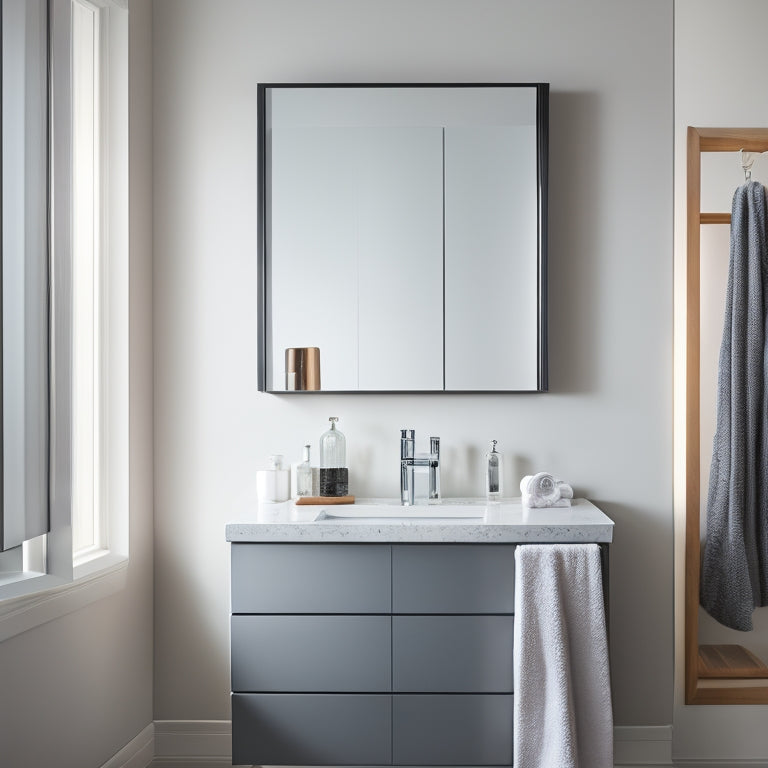 A sleek, wall-mounted cabinet with a mirrored door, chrome handle, and soft-close hinges, installed above a modern sink in a minimalist bathroom with gray walls and white countertops.