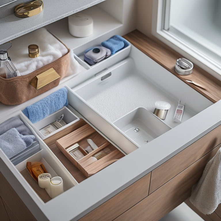 A tidy, modern bathroom vanity with a partially open drawer, revealing a custom organizer system featuring separate compartments, soft-close dividers, and a tray for small items.