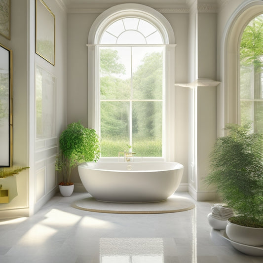 A serene bathroom scene with a sleek, white freestanding tub centered beneath a large, oval skylight, surrounded by polished marble floors, and lush greenery cascading from a nearby pedestal.