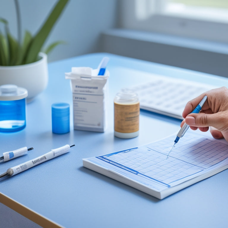 A serene background with a person's hand holding a Basaglar insulin pen, a calendar in the corner with daily injection schedule marked, and a small trash can with used needles.