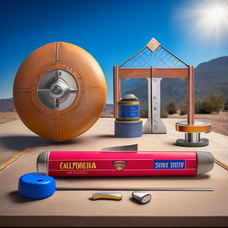 An illustration featuring a shield with a hammer and tape measure crossed behind it, surrounded by subtle contractor tools and a faint outline of a California state shape in the background.