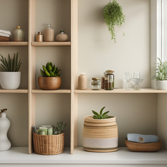 A chic, minimalist bathroom scene featuring elegant wooden shelves filled with neatly arranged glass jars, potted succulents, and handmade woven baskets, all against a soft pastel wall, creating an organized and inviting atmosphere.