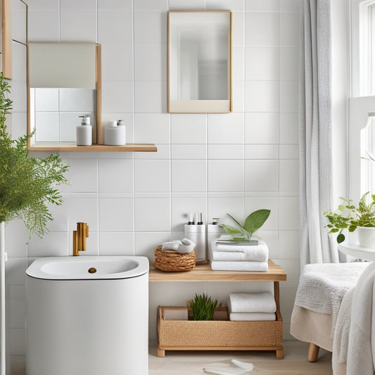 Create an image of a serene Scandinavian-style bathroom featuring natural wood accents, soft white walls, and neatly folded towels in a minimalist open shelf. Add greenery for a fresh touch and warm natural light.
