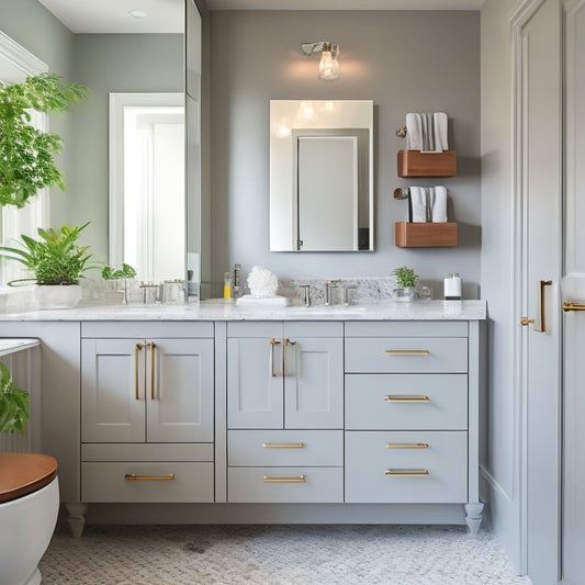 A modern bathroom with a corner vanity cabinet featuring soft-close drawers, a rounded mirrored door, and a decorative chrome handle, surrounded by sleek gray walls and a white marble countertop.