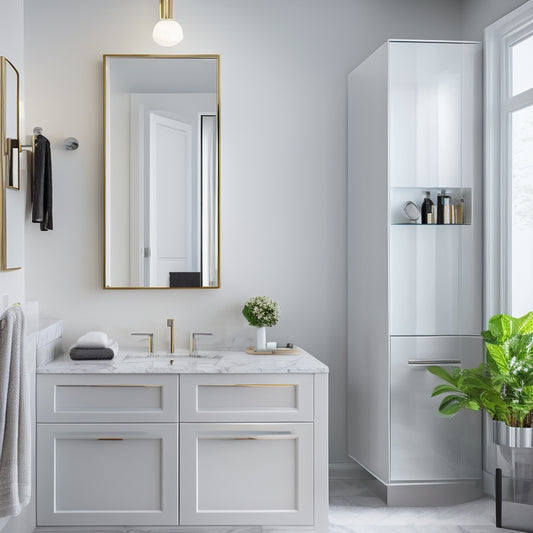 A modern bathroom with a large, rectangular mirror above a sleek, wall-mounted cabinet featuring two drawers with chrome handles, surrounded by crisp white walls and polished marble countertops.