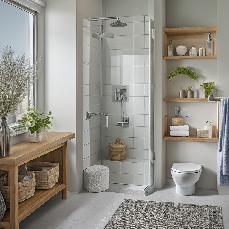 A tidy, modern bathroom with a corner shower, featuring a sleek, wall-mounted shelf with woven baskets, a corner caddy with hanging towels, and a recessed storage niche with a glass door.