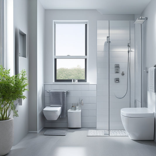 A sleek, modern bathroom with a wall-mounted sink, a compact toilet, and a space-saving corner shower enclosure, all in a calming white and gray color scheme.