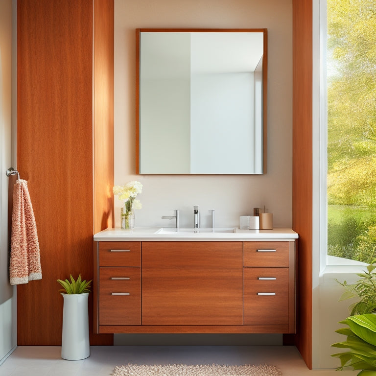 A sleek, modern bathroom with a large, rectangular, wooden wall-mounted cabinet in a warm, honey-brown finish, adorned with sleek, silver hardware, above a crisp, white sink and countertop.