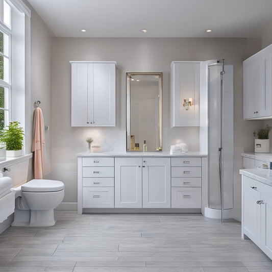 A modern bathroom with a large, white, floor-to-ceiling storage wall unit featuring multiple cabinets, shelves, and drawers, surrounded by sleek fixtures and a elegant freestanding tub.