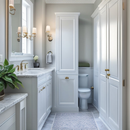 A serene small bathroom with a corner cabinet featuring a rounded door, soft-close drawers, and a decorative trim, surrounded by gleaming chrome fixtures and a calming white and gray color scheme.