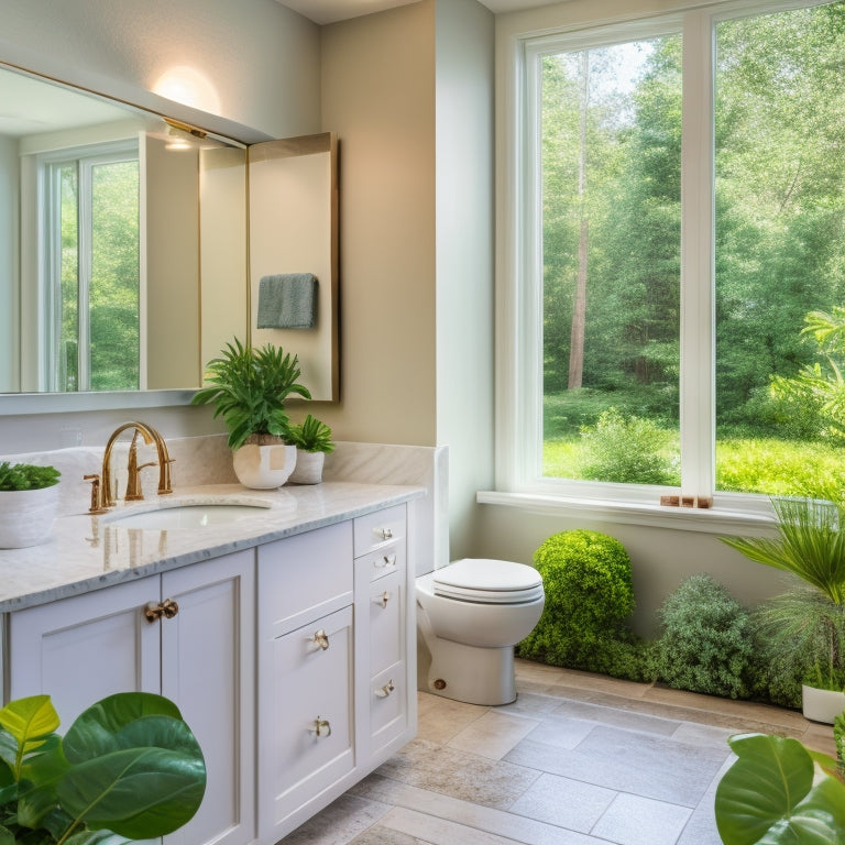 A serene master bathroom with gleaming white countertops, a spotless glass shower door, and a toilet with a sparkling clean seat, surrounded by lush greenery and soft, warm lighting.