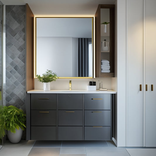 A sleek, modern bathroom with a wall-mounted cabinet featuring sliding mirrored doors, a recessed shelf behind a decorative tile, and a hidden storage compartment beneath the sink.