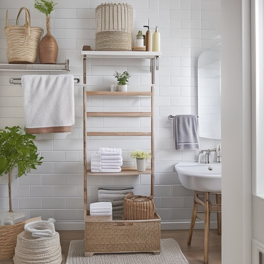 A tidy bathroom with a pedestal sink, featuring a hollowed-out decorative ladder repurposed as a storage unit, holding rolled towels and toiletries, alongside a wall-mounted shelf with baskets and a woven basket under the sink.