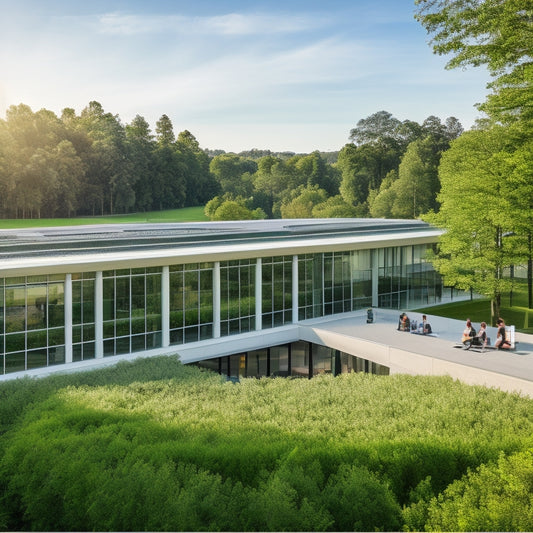 A modern, sleek university campus building with a vibrant green roof and floor-to-ceiling windows, surrounded by lush trees and students of diverse backgrounds collaborating on laptops.