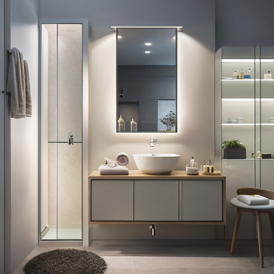 A modern bathroom with a wall-mounted cabinet featuring sliding glass shelves, a recessed medicine cabinet with LED lighting, and a sleek, curved sink with a hidden storage compartment beneath.