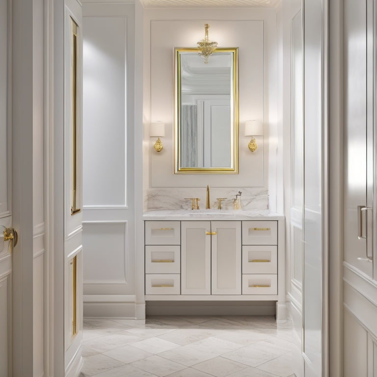 A luxurious bathroom with a sleek, wall-mounted cabinet featuring a mirrored door, chrome hardware, and a subtle LED strip above, surrounded by creamy marble tiles and a freestanding tub.