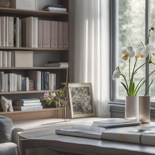 A serene, clutter-free living room with a minimalist desk, a few neatly arranged books, and a single, blooming orchid on a shelf, surrounded by soft, natural light.