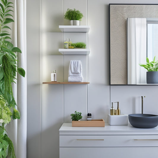 A sleek, minimalist bathroom featuring elegant floating shelves with potted plants, neatly arranged toiletries, and a stylish cabinet with a glossy finish, all set against a calming neutral wall and modern fixtures.