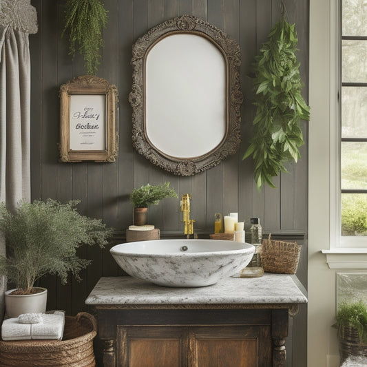 A beautifully styled bathroom featuring a large, ornate chalkboard sign with a distressed wooden frame, adorned with fresh greenery and surrounded by elegant decorative accessories.