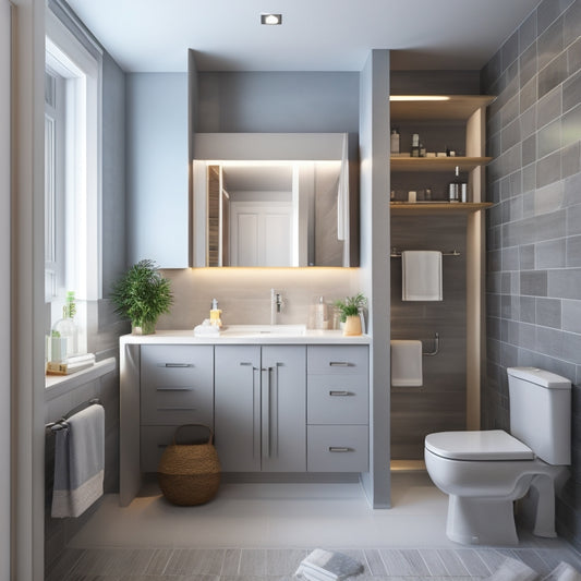 An illustration of a modern bathroom with an angled ceiling, featuring a cluttered floor with toiletries and towels scattered around a pedestal sink, contrasting with a sleek, wall-mounted cabinet with sliding doors.