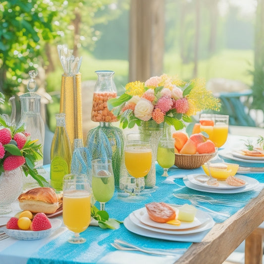 A vibrant, sunlit brunch setting with a modern mimosa bar featuring colorful, patterned printables, garnishes, and fruits, surrounded by elegant glassware and lush greenery.