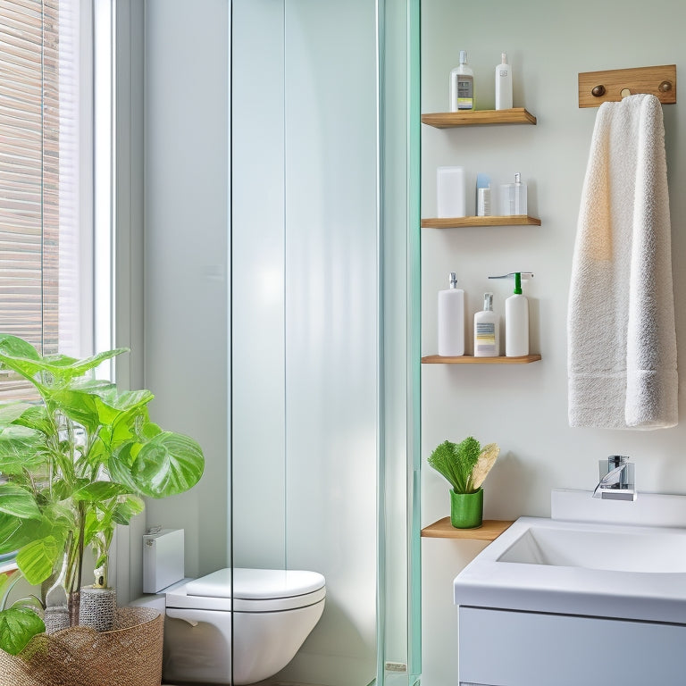 A sleek, minimalist bathroom featuring a wall-mounted shower organizer filled with colorful bottles, a small plant, and a stylish loofah. Soft, natural light filters through a frosted glass window, reflecting a modern, clean aesthetic.