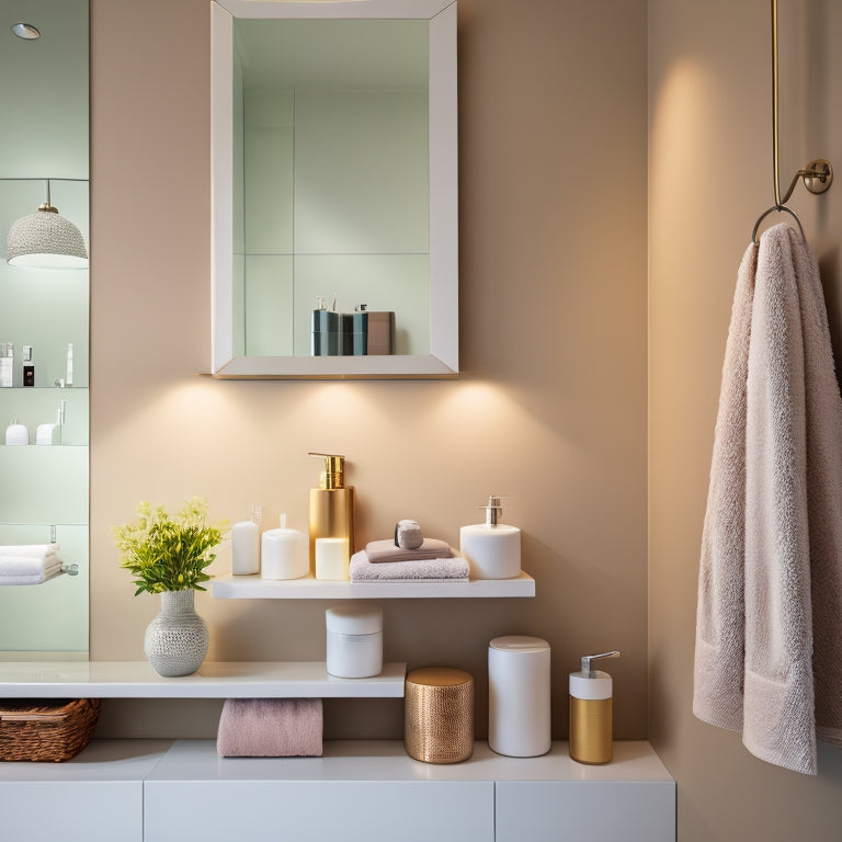 A sleek bathroom featuring elegant wall-mounted shelves adorned with neatly folded towels, stylish jars of toiletries, and a minimalist mirror. Soft lighting highlights the modern fixtures and soothing color palette.