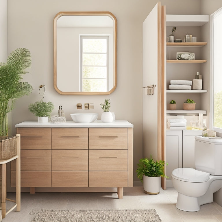 A serene, modern bathroom with a wall-mounted cabinet featuring adjustable, soft-close drawers in various sizes, organized with baskets, dividers, and inserts, surrounded by calming natural light and minimalist decor.