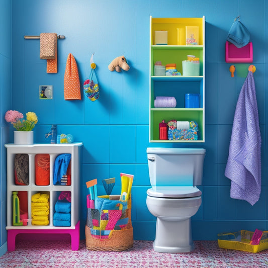 A colorful illustration depicting a kid-friendly bathroom with a step stool, a storage bin filled with toys and toiletries, and a wall-mounted shelf with baskets and hooks.