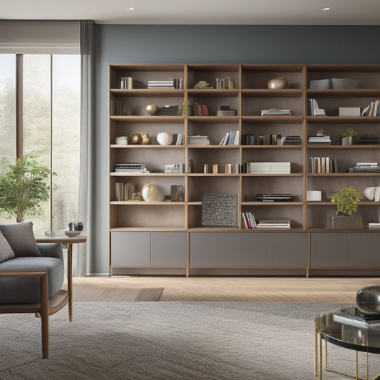 A modern living room with a floor-to-ceiling shelf wall cabinet featuring 5-7 sliding glass doors, soft-close drawers, and open shelving, with decorative vases, books, and minimalist decor.