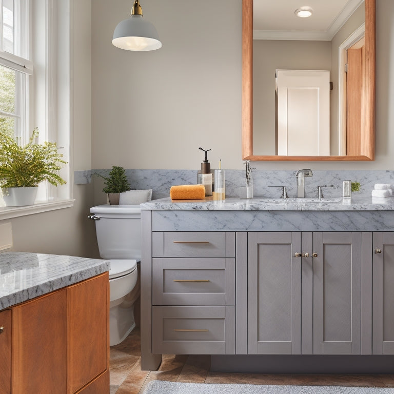 A clutter-free bathroom with a partially assembled vanity featuring a wooden cabinet, marble countertop, and chrome faucet, surrounded by various tools and materials, set against a light gray background.