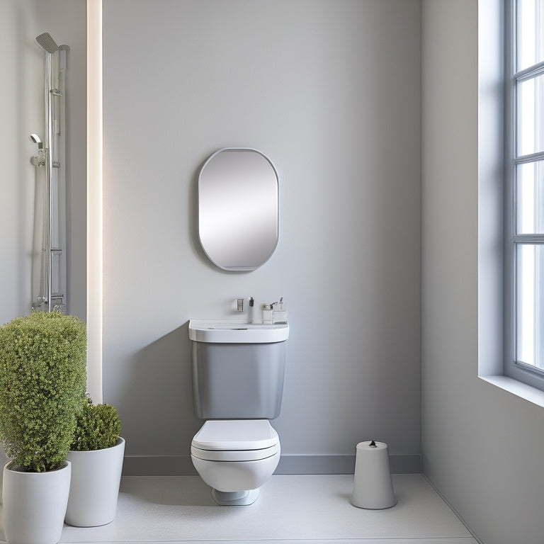 A modern, minimalist bathroom with a sleek, wall-mounted toilet and a compact, pedestal sink in a light-gray tone, surrounded by crisp white walls and a large, circular mirror.