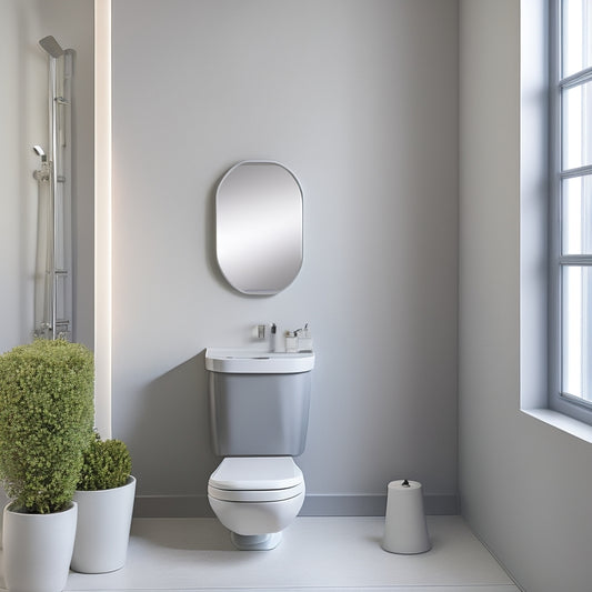 A modern, minimalist bathroom with a sleek, wall-mounted toilet and a compact, pedestal sink in a light-gray tone, surrounded by crisp white walls and a large, circular mirror.