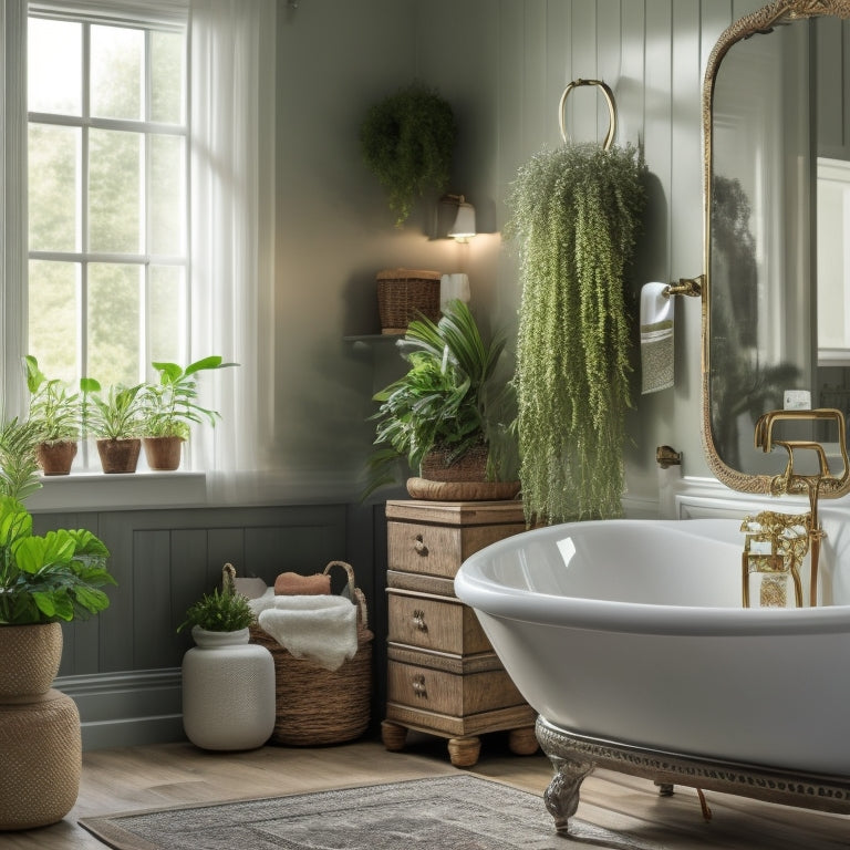 A serene bathroom scene featuring a freestanding tub, surrounded by lush greenery, with a statement light fixture, ornate mirror, and decorative accessories like soap dispensers, towels, and a woven basket.