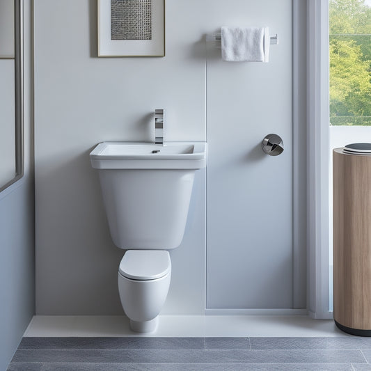 A modern, sleek toilet cabinet sink with a rectangular basin and a wall-mounted faucet, set against a soft, gray background, surrounded by a few strategically placed, minimalist bathroom accessories.