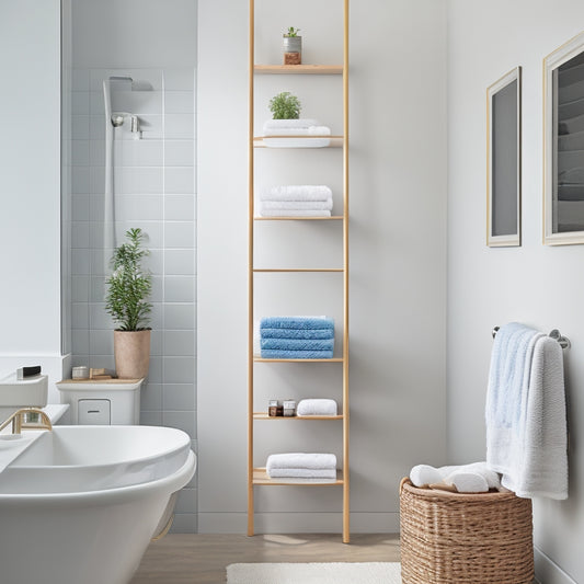 A compact, wall-mounted ladder storage shelf in a small, modern bathroom with a sleek, white tub, gray walls, and a large mirror, with towels and toiletries neatly organized on its rungs.