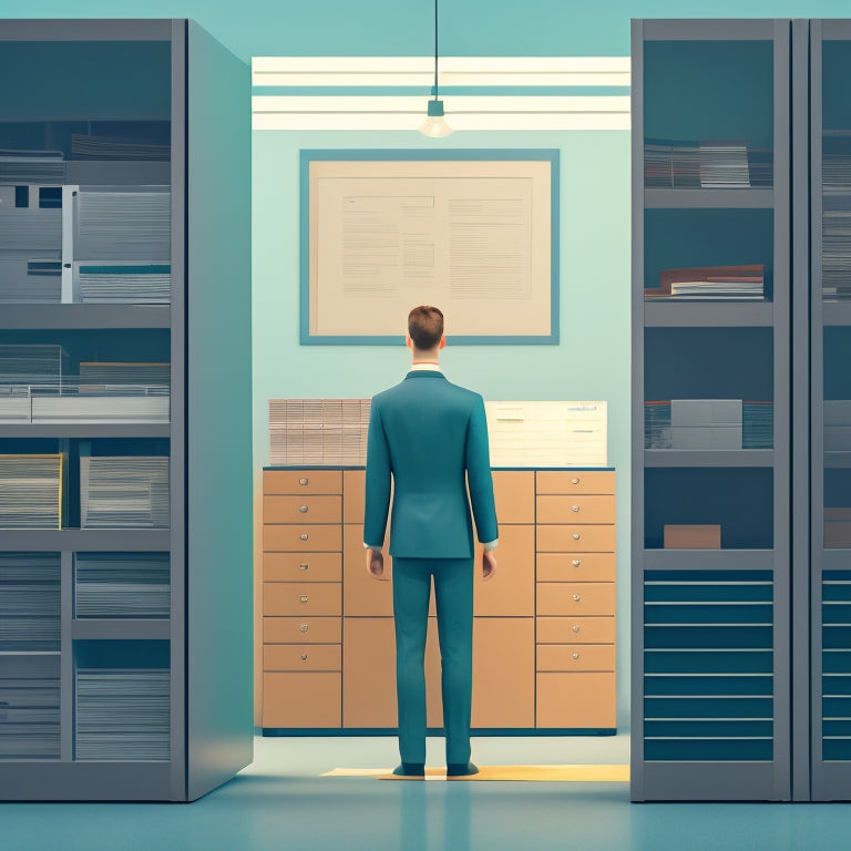 A minimalist illustration of a person standing in front of a large, organized filing cabinet with folders and papers neatly labeled, surrounded by a blurred background of chaotic paperwork.